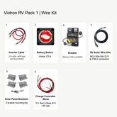 Victron RV Pack 1 Wire Kit with inverter cables, Victron 275A battery switch, Bluesea 20A breaker, MC4 solar wires, Z bracket mounts, and charge controller wires